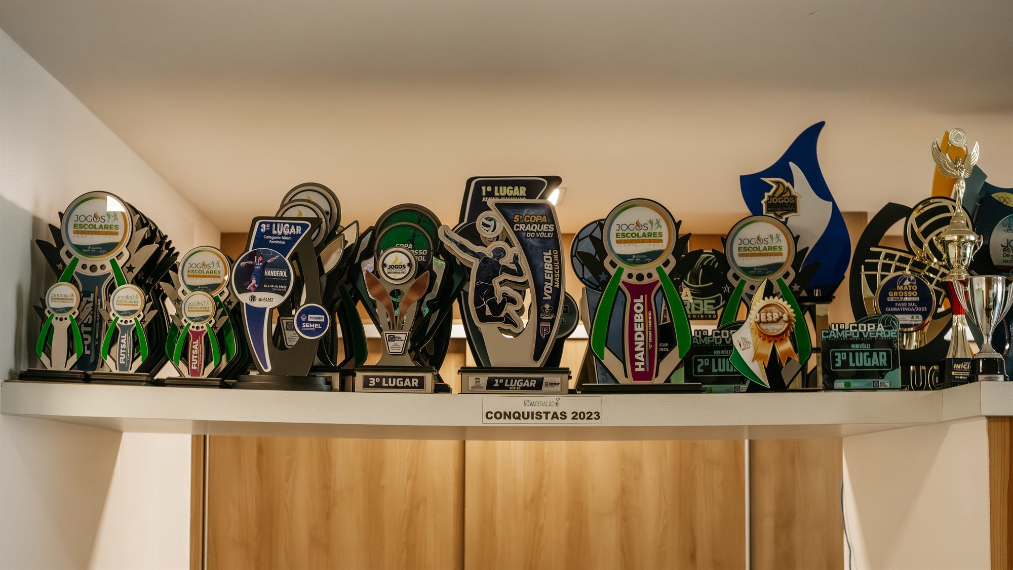 Troféus e placas de premiação em esporte, teatro e dança